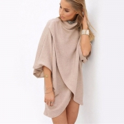 Fashion High Neck 3/4 Batwing Sleeve Loose Fit Asymmetrical Top