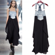 Women's Square Neck Summer Denim Chiffon Midi Overalls Dress