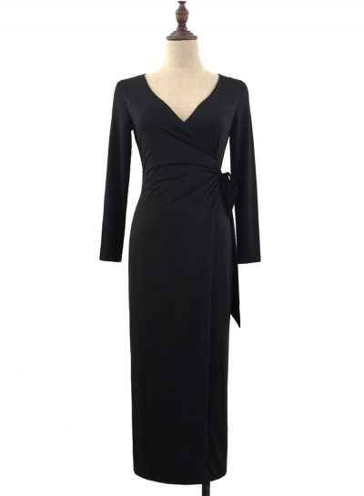 V Neck Long Sleeve Tie Waist Bodycon Maxi Dress lonhooker.com