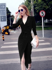 V Neck Long Sleeve Tie Waist Bodycon Maxi Dress