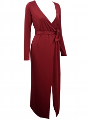 V Neck Long Sleeve Tie Waist Bodycon Maxi Dress