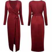 V Neck Long Sleeve Tie Waist Bodycon Maxi Dress