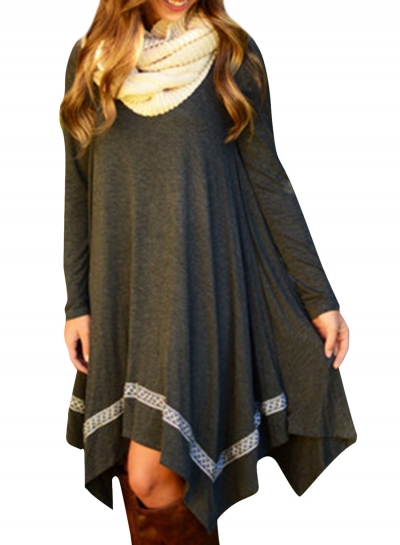 Casual Long Sleeve Asymmetric Hem Stretched Knee Length Knit Dress