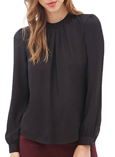 Loose Round Neck Ruffled Front Lantern Long Sleeve Chiffon Blouse