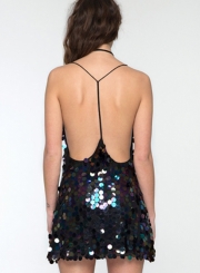 Loose Sleeveless Sequin Spaghetti Strap Backless Mini Night Club Dress