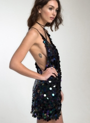 Loose Sleeveless Sequin Spaghetti Strap Backless Mini Night Club Dress