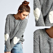 Women's Long Sleeve Beautiful Heathered Heart Patch Pullover Knit Sweater