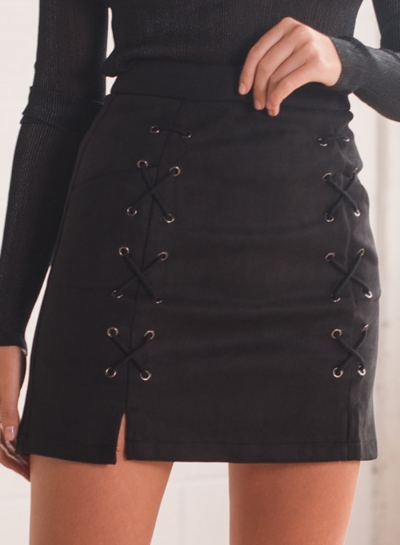 Elegant Zipper Fly Faux Suede Slim Bodycon Lace Up Skirt Going Out Dress YOYOTSHOP.com