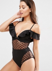 Charming Slim Pattern One Piece Deep V-Neck Polka Dot Swimsuit