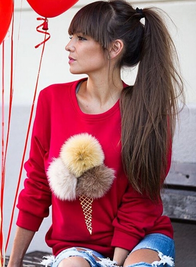 Women's Cute Long Sleeve Ice Cream Graphic Pompon Round Neck Sweatshirt YOYOTSHOP.com