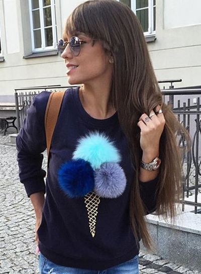 Women's Cute Long Sleeve Ice Cream Graphic Pompon Round Neck Sweatshirt YOYOTSHOP.com
