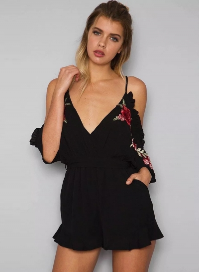 Women's V Neck Short Sleeve Off The Shoulder Tie Waist Romper YOYOTSHOP.com