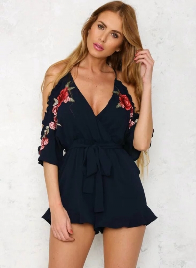 Women's V Neck Short Sleeve Off The Shoulder Tie Waist Romper lonhooker.com