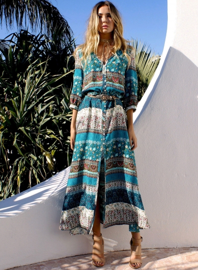 Women's Polyester Regular Bohemian 3/4 Sleeve Button Split Day Dress lonhooker.com