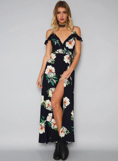 Short Sleeve V Neck Floral Print Maxi Prom Evening Dress YOYOTSHOP.com