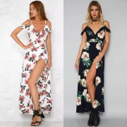 Short Sleeve V Neck Floral Print Maxi Prom Evening Dress
