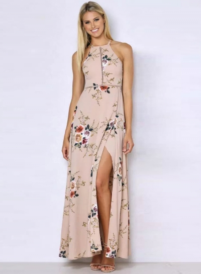 Sleeveless Polyester Halter Neck Floral Print Maxi Day Going Out Dress lonhooker.com