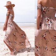 Floral Strapless Short Sleeve High Slit Maxi Party Dress