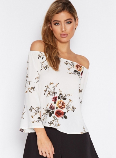Women's Fashion Off The Shoulder Flare Sleeve Floral Printed Blouse lonhooker.com