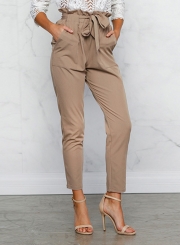 Women's Polyester Plain Ruffle Waist Pencil Pants With Belt