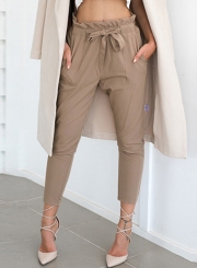 Women's Polyester Plain Ruffle Waist Pencil Pants With Belt