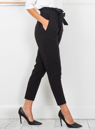 Women's Polyester Plain Ruffle Waist Pencil Pants With Belt zecalaba.com
