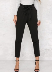 Women's Polyester Plain Ruffle Waist Pencil Pants With Belt