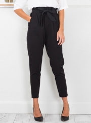 Women's Polyester Plain Ruffle Waist Pencil Pants With Belt