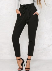 Women's Polyester Plain Ruffle Waist Pencil Pants With Belt