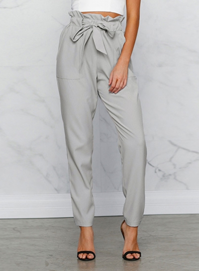 Women's Polyester Plain Ruffle Waist Pencil Pants With Belt zecalaba.com