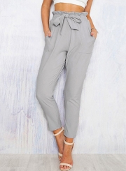 Women's Polyester Plain Ruffle Waist Pencil Pants With Belt