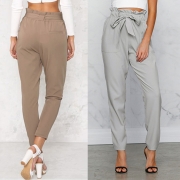 Women's Polyester Plain Ruffle Waist Pencil Pants With Belt