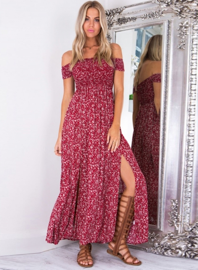 Women's Off Shoulder High Slit Floral Printed Maxi Dress lonhooker.com