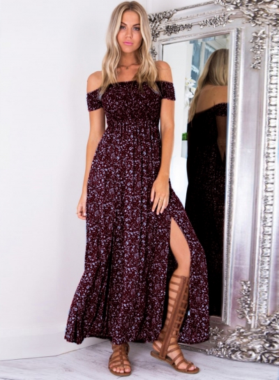 Women's Off Shoulder High Slit Floral Printed Maxi Dress lonhooker.com