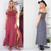 Women's Off Shoulder High Slit Floral Printed Maxi Dress