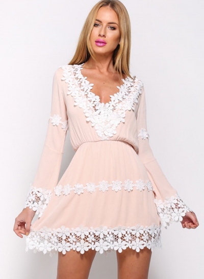 Women's V Neck Long Sleeve Lace Trim Mini Going Out Dress