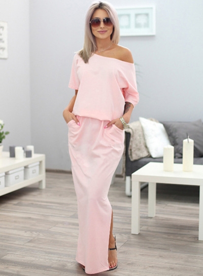 Fashion Women's Half Sleeve Side Slit Round Neck Maxi Dress lonhooker.com