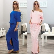 Fashion Women's Half Sleeve Side Slit Round Neck Maxi Dress