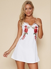 A-Line Spaghetti Strap Sleeveless Floral Embroidery Mini Dress