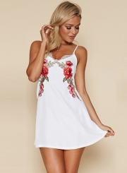 A-Line Spaghetti Strap Sleeveless Floral Embroidery Mini Dress
