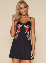 A-Line Spaghetti Strap Sleeveless Floral Embroidery Mini Dress