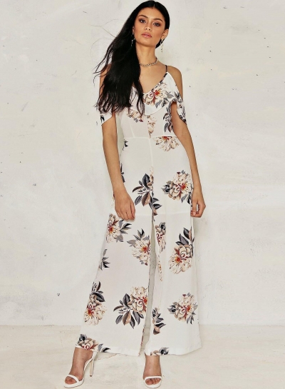 Women's Off Shoulder Floral Printed Ruffle Wide-Leg Jumpsuit