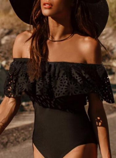 Off Shoulder Ruffle One Piece Hollow Out Swimsuit