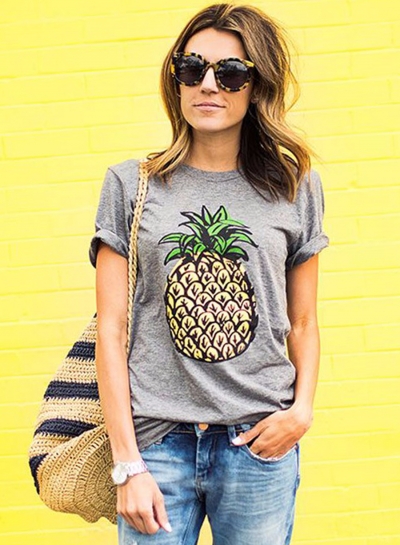 Women's Short Sleeve Pineapple Printed Pullover Tee