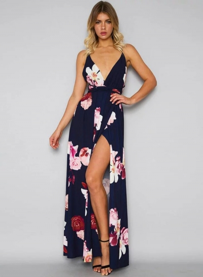 Fashion Deep V Neck Floral Printed High Slit Maxi Dress YOYOTSHOP.com