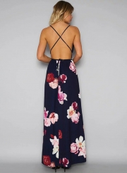 Fashion Deep V Neck Floral Printed High Slit Maxi Dress