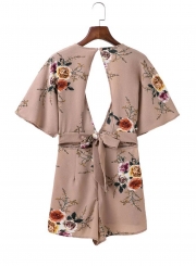 Women's Deep V Neck Half Sleeve Backless Floral Printed Romper