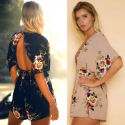 Women's Deep V Neck Half Sleeve Backless Floral Printed Romper