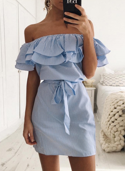 Short Sleeve Striped Off Shoulder Ruffle Day Dress with Belt YOYOTSHOP.com