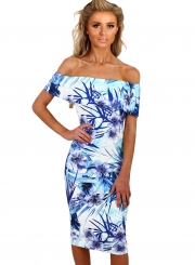 Fashion Off Shoulder Floral Bodycon Midi Night Club Dress